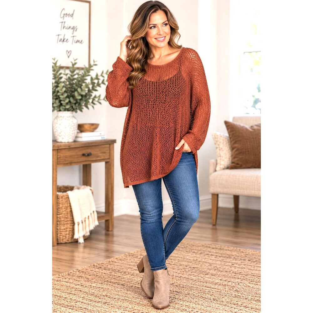Sanctuary Womens L Rust Open Knit Crochet Sweater Tunic 100% Cotton Boho